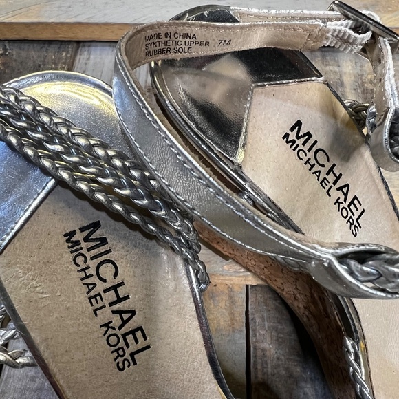 EUC [Michael Kors] Braided < Palm Beach > Silver Strappy Cork Wedge Sandals | 7 - Picture 5 of 13